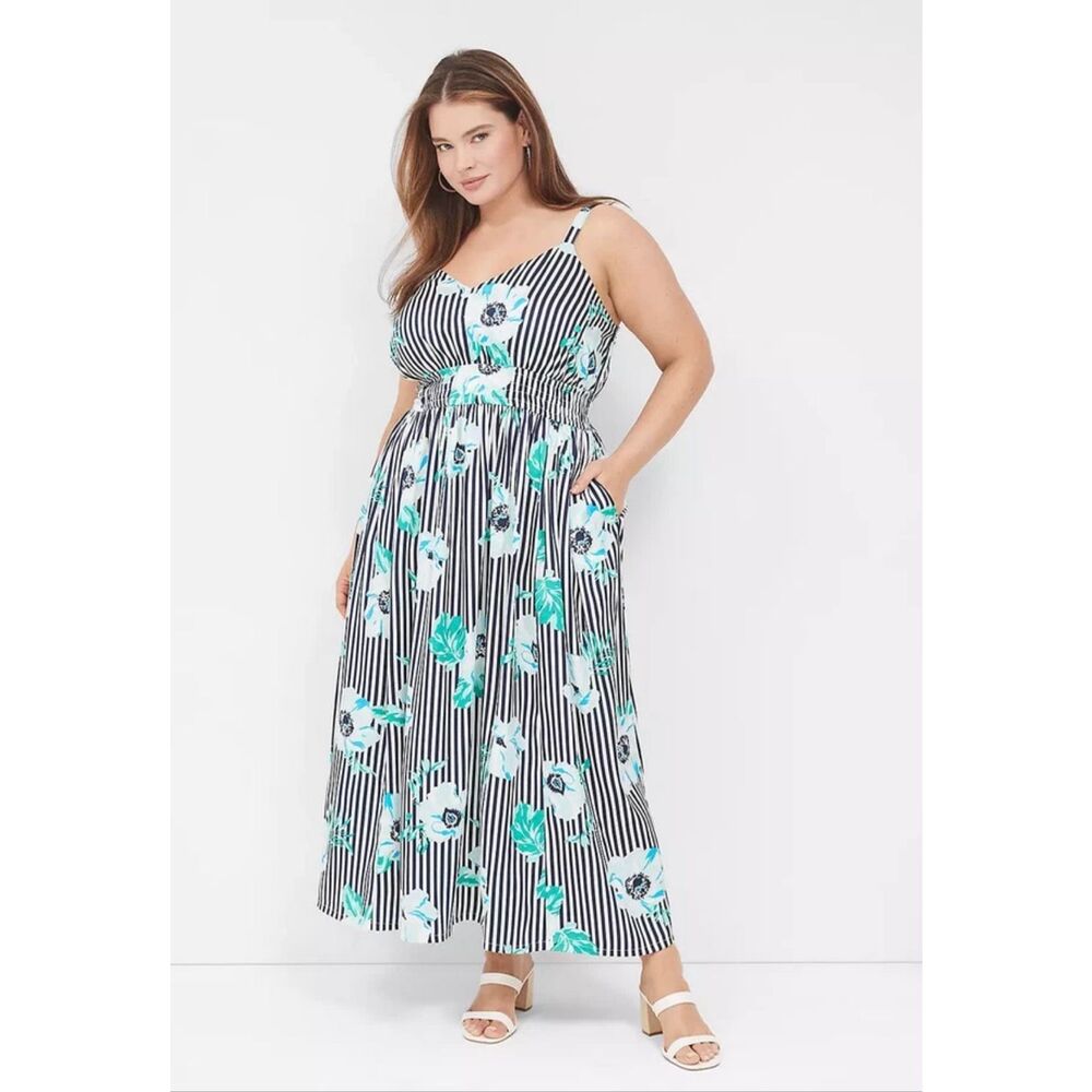 Lane Bryant size 24 NWT maxi dress white black blue floral